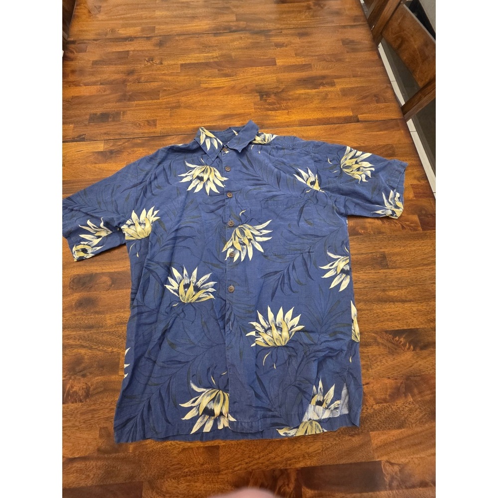 Kahala Hawaiian Islands Shirt Mens Medium Blue Floral Rayon Cotton Linen  Sku 23